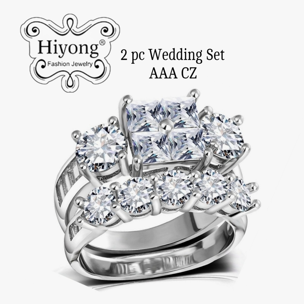 Princess AAA CZ 2pc Gold Plated/Rhodium Engagement Wedding Ring Set